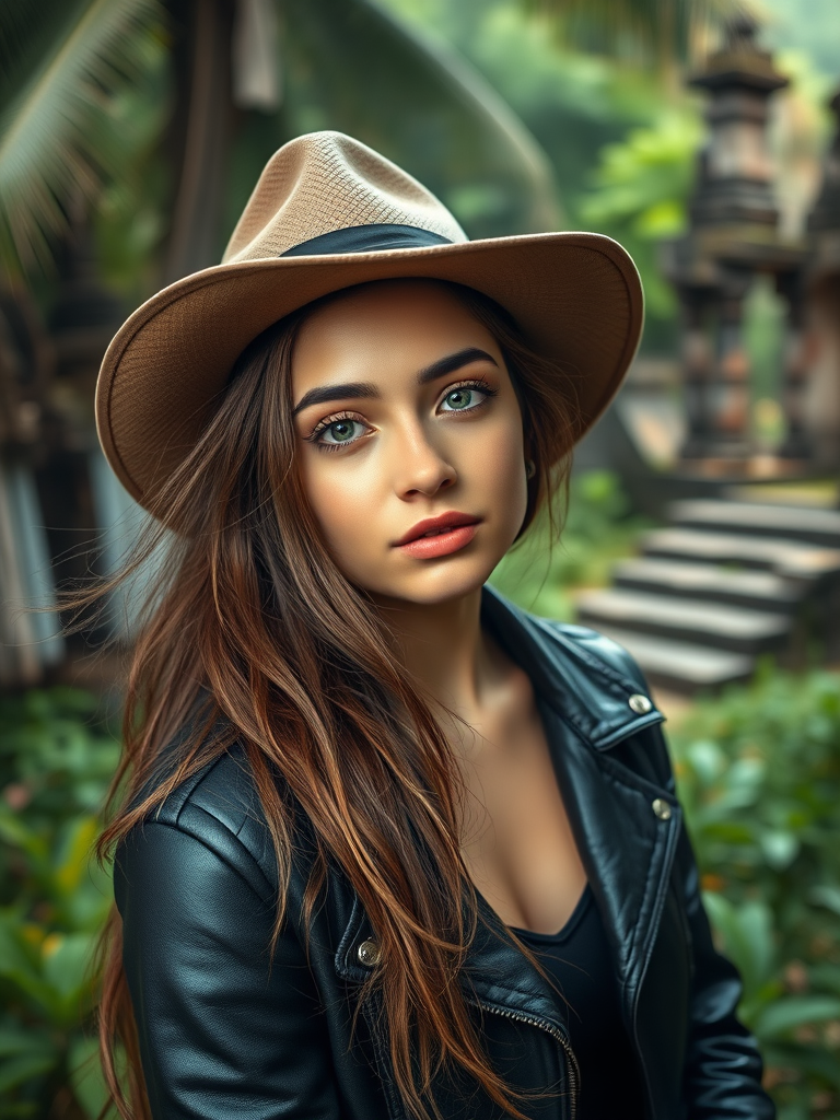 Capture a portrait of a young woman with long, tousled hair wearing a stylish hat and a leather jacket, set in a lush, tropical jungle environment with ancient ruins, shot with a Canon EOS 5D Mark IV at 50mm, f/1.8, ISO 100, natural lighting for enhanced depth and detail.