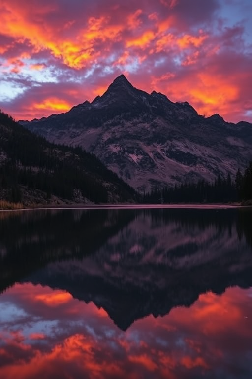 Generate an image of a serene mountain landscape at sunset with rich orange and purple skies reflected in a calm lake foreground, captured with a Canon EOS R5, 24mm f/1.4 lens, ISO 100, aperture f/8, shutter speed 1/125s, in HDR style from a low angle perspective.