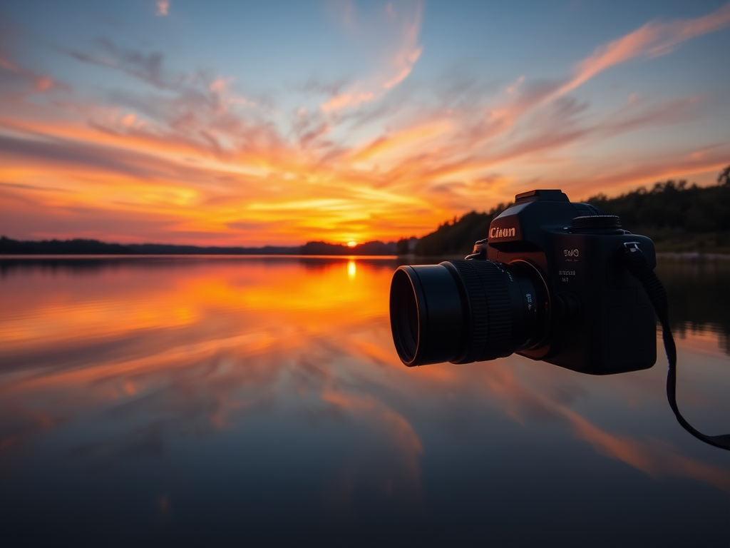 Capture a vibrant sunset over a calm lake with reflections on the water, using a DSLR camera with a 50mm lens, aperture f/1.8, shutter speed 1/125s, ISO 200, in landscape orientation, shot at golden hour.
