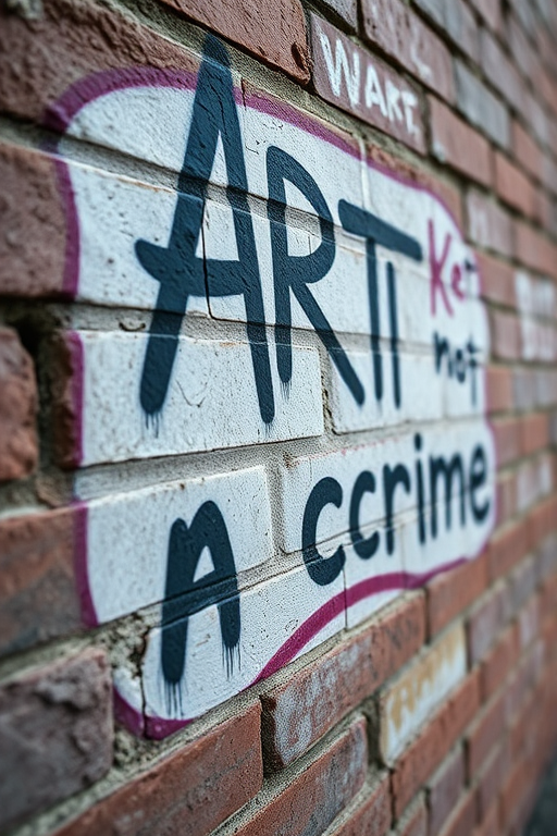 Graffiti message "ART is not a crime" on a textured brick wall, shot with a DSLR camera, 50mm lens, aperture f/1.8, ISO 200, natural lighting, close-up view for enhanced detail.
