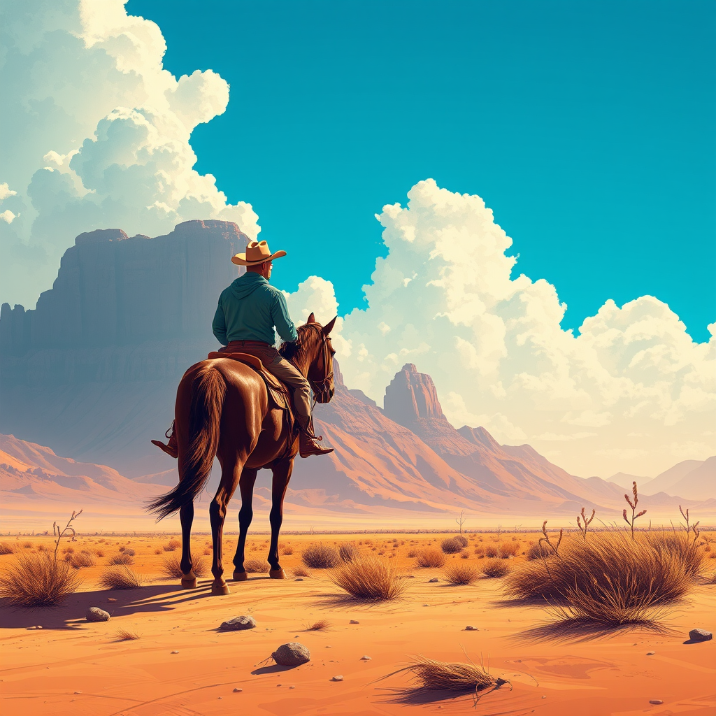 create a vibrant illustration of a lone cowboy on horseback in a desert landscape with dramatic mountains and a bright blue sky, use a Canon EOS R5 with a 24-70mm f/2.8 lens at f/8, ISO 100, 1/200 sec shutter speed, shoot from a low angle to capture the foreground details and dramatic clouds, emphasize rich colors and smooth gradient backgrounds.