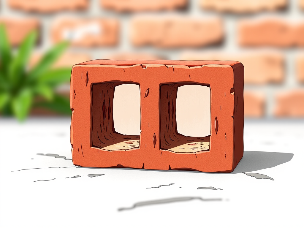 A detailed illustration of a single brick with four cavities, in a realistic style, captured with a DSLR camera at f/8 aperture, ISO 100, 50mm lens, soft natural lighting, and a shallow depth of field to enhance texture and color contrast.