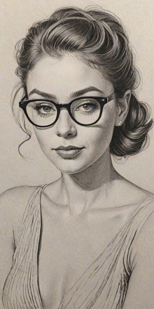 Resplendent Sarah Hyland, pencil sketch, portrait of Comely woman 1934s in glasses, hair style beatnik, outline, clear lines, fine lines, 8k