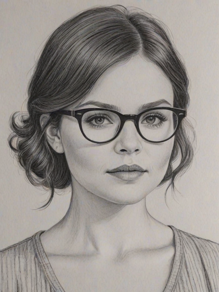 Attractive Ginnifer Goodwin, pencil sketch, portrait of Graceful woman 1979s in glasses, hair style beatnik, outline, clear lines, fine lines, 8k