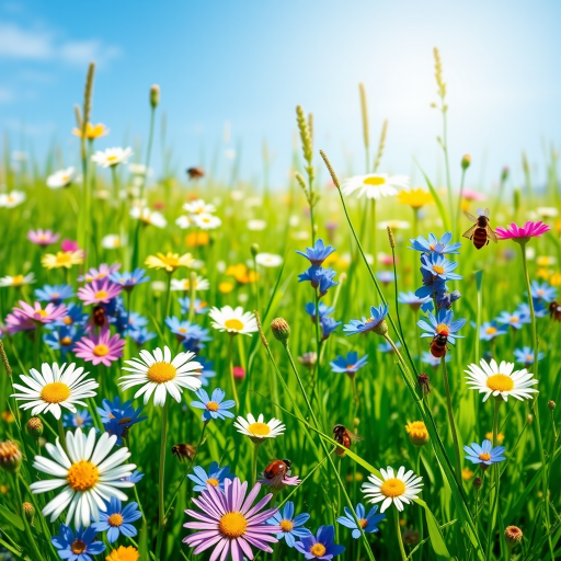 Generate a vivid illustration of a lush green meadow with vibrant wildflowers, including daisies and blue flowers, buzzing bees, and a ladybug, in a bright blue sky background, using a Canon EOS R5 with a 24-105mm lens at f/8, ISO 100, and natural daylight for optimal color saturation.