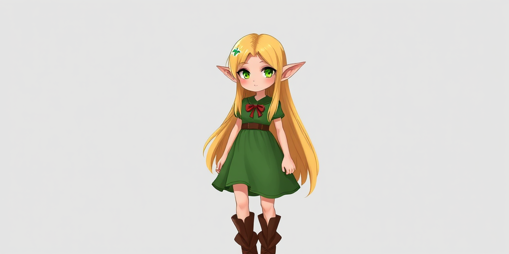 Create a high-resolution digital illustration of a fantasy elf character with long blonde hair and pointed ears, wearing a green dress and brown boots, set against a solid background, using a Canon EOS R5 camera, 50mm lens, f/1.8 aperture, ISO 100, and a soft focus effect for enhanced detail and vibrancy.