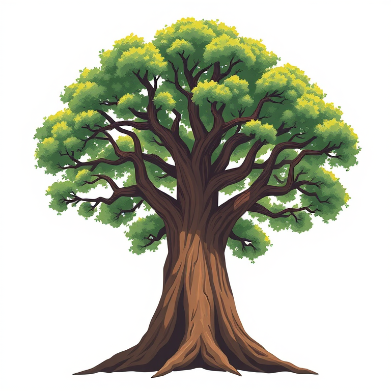 Create a detailed illustration of a stylized tree with a thick trunk and lush canopy, captured with a Canon EOS R5 at f/8, ISO 100, 50mm lens, top-down view, natural light, emphasizing sharp lines and contrasting shades.