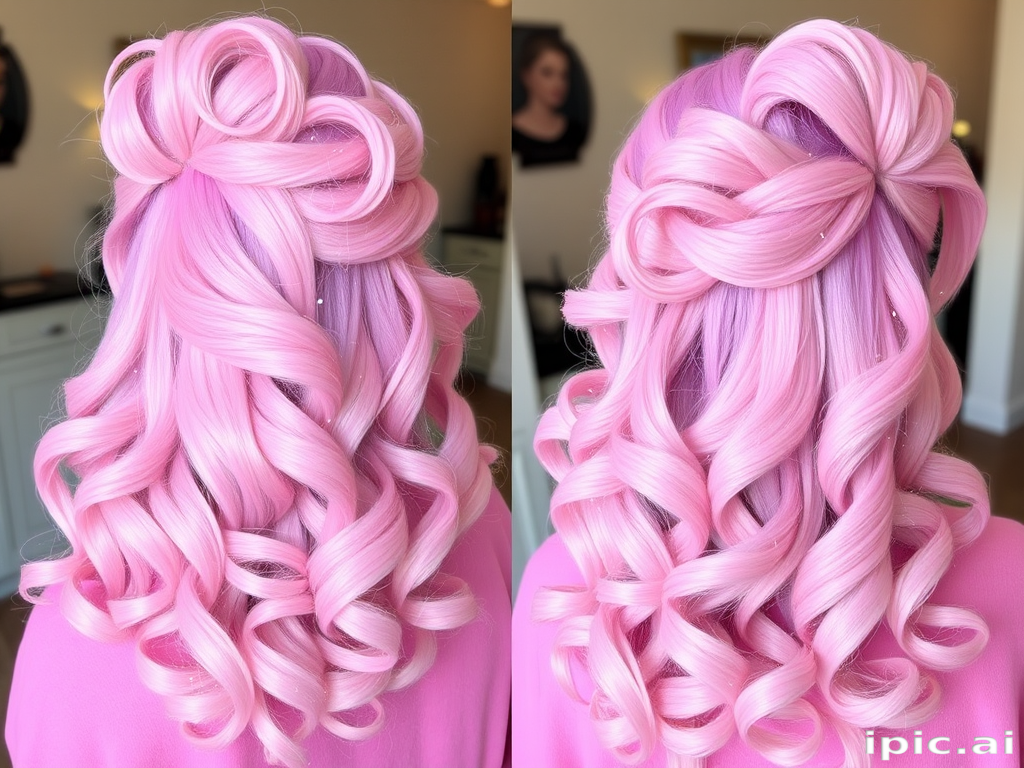 Pastel pink and lilac hues blend harmoniously in the "Cotton Candy Cloud" hairstyle, featuring voluminous, bouncy curls that resemble fluffy clouds at sunset. Soft, face-framing tendrils add a touch of whimsy, while the crown is teased for extra height and drama. Subtle sparkles throughout the hair catch the light, creating a magical, dreamy effect.