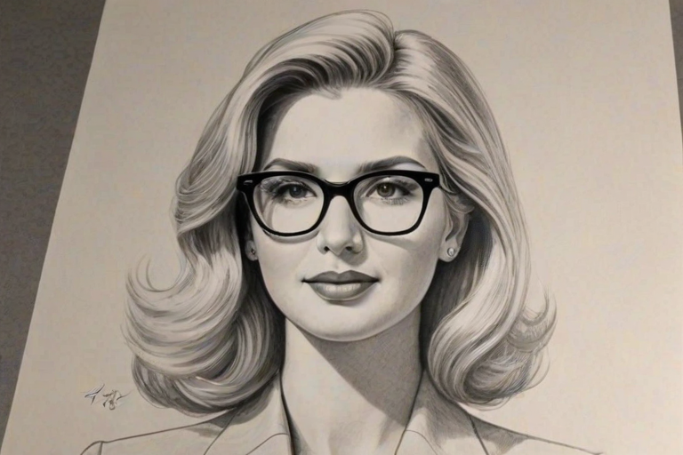 Bewitching Ivanka Trump, pencil sketch, portrait of Attractive woman 1946s in glasses, hair style beatnik, outline, clear lines, fine lines, 8k