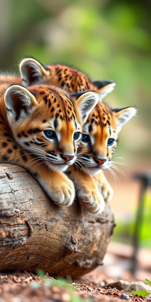 Capture a close-up image of three playful young cougars resting on a log, in soft natural light, using a DSLR camera with a 50mm lens, aperture set to f/2.8, ISO 200, and a shallow depth of field to create a soft background blur.