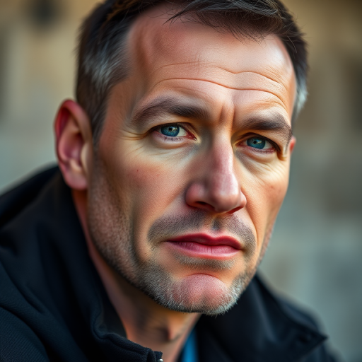Generate a high-resolution portrait of a man with short hair, using a Canon EOS R5, 50mm lens, aperture f/1.8, ISO 100, natural lighting, capturing facial details in sharp focus.