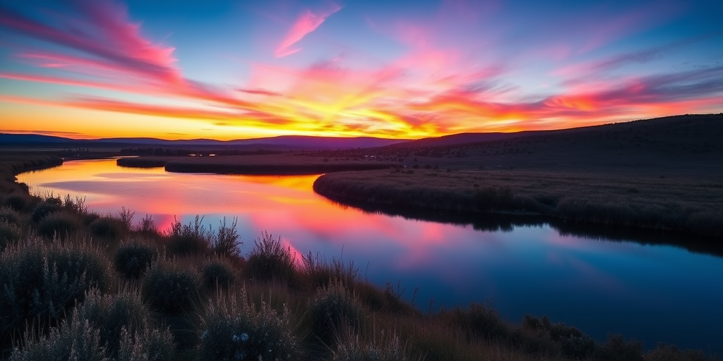 Create a high-resolution image of a serene landscape at sunset with vibrant colors and a calm lake in the foreground, captured with a Canon EOS 5D Mark IV, 50mm lens, aperture f/1.8, ISO 100, shutter speed 1/250s, using a wide-angle view for depth and clarity.