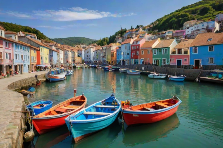 Picturesque fishing village, with colorful boats bobbing in the harbor, fishermen mending nets, and quaint houses lining the waterfront, evoking a sense of nostalgia.