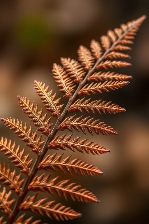 macro shot of dried fern with intricate details, shallow depth of field, soft bokeh background, camera settings: f/2.8 aperture, ISO 100, 1/200 sec shutter speed, 100mm macro lens, natural light, DSLR camera