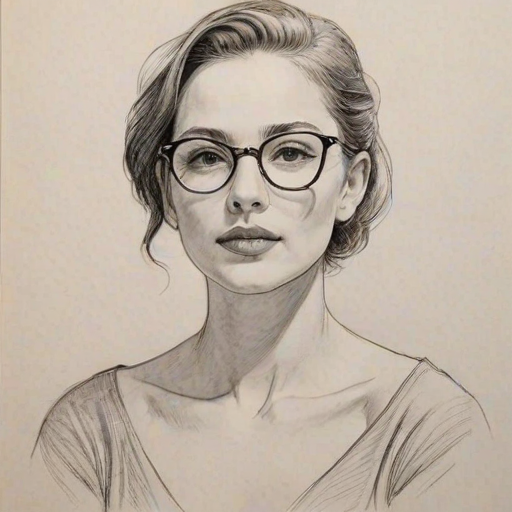 Radiant Allison Miller, pencil sketch, portrait of Graceful woman 1952s in glasses, hair style beatnik, outline, clear lines, fine lines, 8k