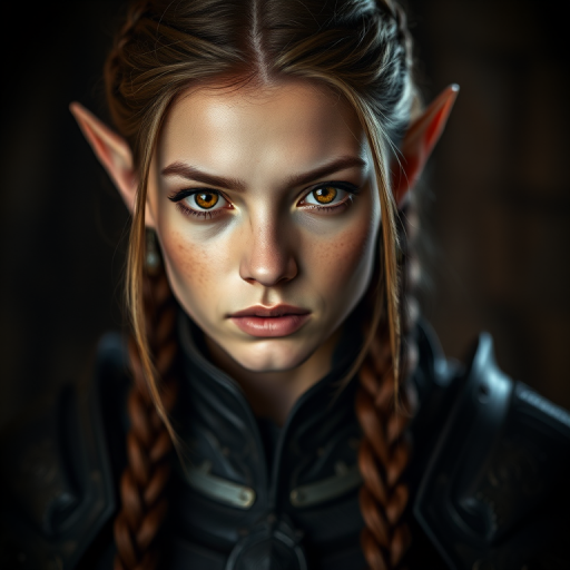 Generate a highly detailed portrait of a female elf with striking orange and brown eyes, wearing dark, intricate armor and featuring long braided hair, in a soft-focused dimly lit studio setting; use 85mm lens, f/1.8, ISO 100, with a shallow depth of field to highlight the facial features and textures.