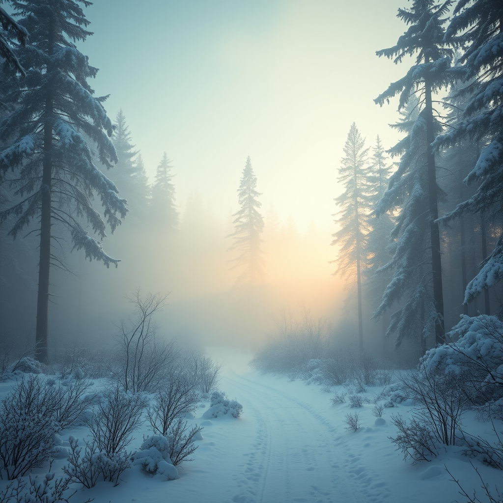 capture a serene winter forest landscape with mist rolling over snow-covered trees using a Canon EOS 5D Mark IV, 50mm lens, aperture f/8, ISO 100, shutter speed 1/200s, golden hour soft light, shallow depth of field for atmospheric effect