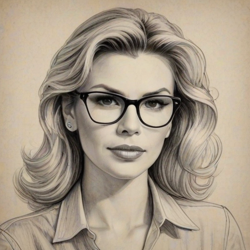 Bewitching Brandi Glanville, pencil sketch, portrait of Captivating woman 1941s in glasses, hair style beatnik, outline, clear lines, fine lines, 8k