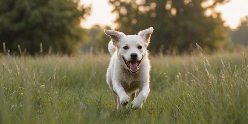 Blurry action shot of a dog running through a field of tall grass, tongue hanging out, soft focus on the motion, distant trees lining the horizon, and the sense of freedom and joy.