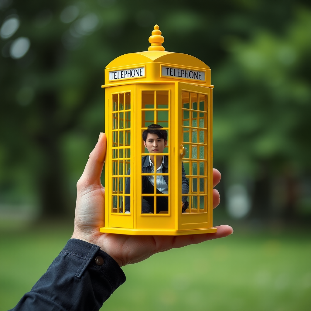 Create an image of a person sitting inside a giant yellow phone booth held in a hand, with a blurred green background, use a DSLR camera with a 50mm lens, aperture f/1.8, shutter speed 1/200s, ISO 100 for enhanced depth of field.