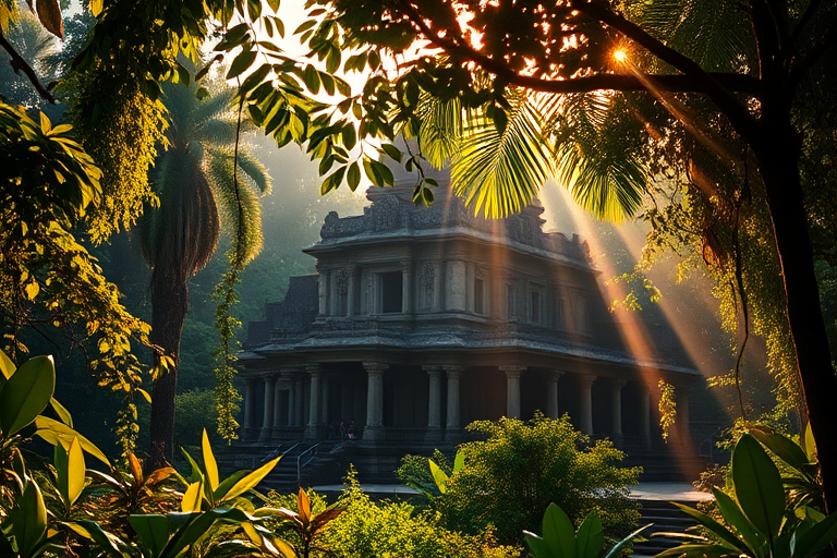 A majestic ancient temple surrounded by lush jungle foliage, with beams of sunlight filtering through the leaves, shot at golden hour, using a DSLR camera with a 24mm lens at f/8, ISO 100, and 1/200s shutter speed for optimal depth of field and clarity, in a wide-angle view to capture the grandeur of the scene.