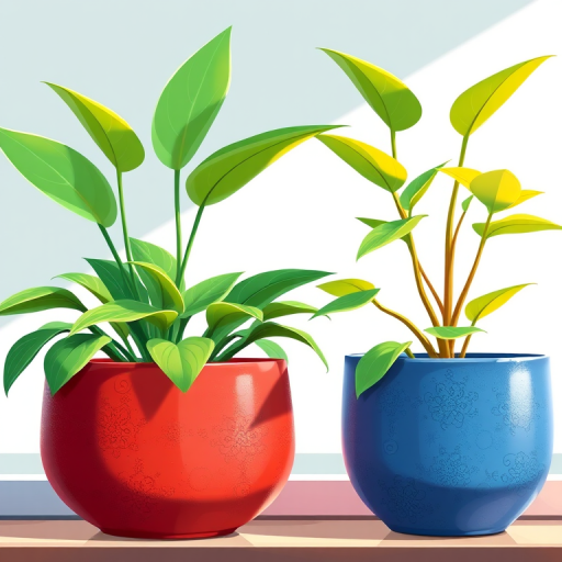 Create a vibrant, high-resolution illustration of two potted plants in a modern style, using bright green colors for the foliage, textured ceramic pots in red and blue, with soft natural lighting, a shallow depth of field, and a DSLR camera type set to f/2.8, ISO 100, and 50mm lens for enhanced clarity and detail.