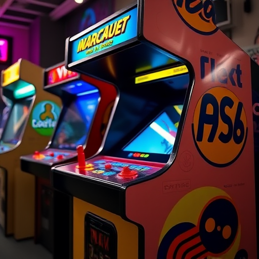 Create a high-resolution image of a classic arcade machine with vibrant colors and a glossy finish, shooting with a DSLR camera at f/2.8 aperture, 1/60 sec shutter speed, ISO 200, with a 35mm lens, using a slightly tilted angle for a dynamic perspective.