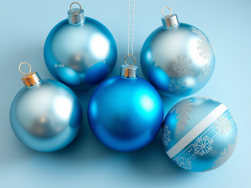 create a high-resolution digital illustration of four Christmas ornaments in varying shades of blue and white with a shiny finish, using a 50mm lens, f/2.8 aperture, and soft diffused lighting, captured from a top-down view with a DSLR camera for enhanced detail and clarity