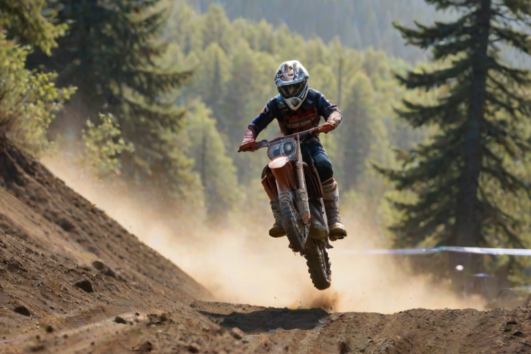 Blurry, action-packed image of a motocross rider mid-jump, dirt flying up beneath the wheels, intense concentration on the rider's face, distant mountains and trees visible below, sunlight reflecting off the rider's helmet, other riders waiting at the bottom of the hill.