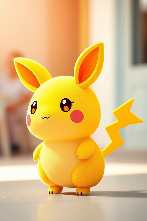 Create a cute cartoon character reminiscent of a small, round yellow creature with large ears and a lightning bolt tail, captured in a bright, cheerful atmosphere using a DSLR camera with a 50mm lens, f/1.8 aperture, 1/200s shutter speed, and natural lighting for enhanced image quality.