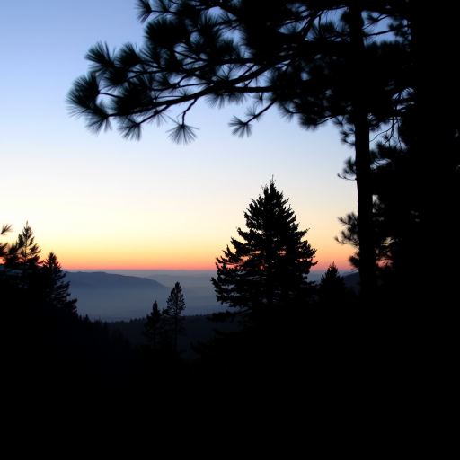 Create a serene forest landscape at dawn with silhouettes of pine trees against a gradient sky, using a DSLR camera with a wide-angle lens, aperture set to f/8 for sharp depth of field, ISO 100 for minimal noise, and a soft-focus filter for a dreamy effect.
