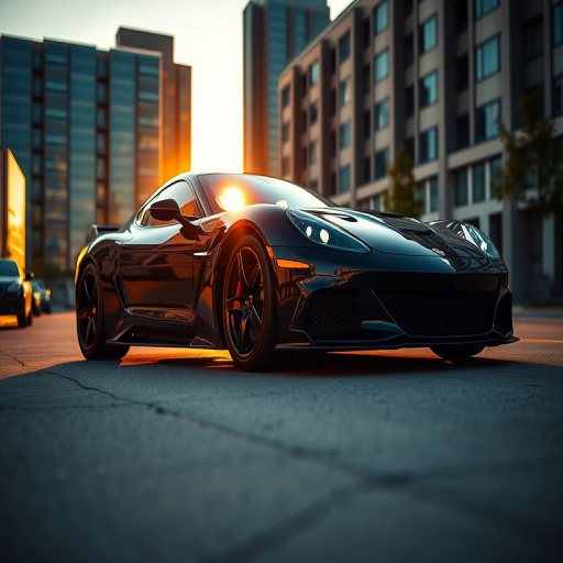 photograph a black luxury sports car in an urban setting at golden hour, low angle view, shallow depth of field, 50mm lens, f/1.8, ISO 100, 1/200 sec, DSLR camera, vibrant colors and sharp details