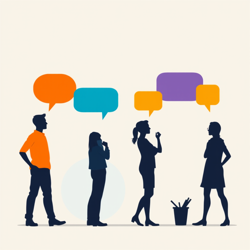 create a vibrant illustration of silhouettes engaging in conversation with colorful speech bubbles, using a Canon EOS R5 camera with a 50mm lens, aperture set to f/4, ISO 100, and a shallow depth of field for enhanced sharpness and clarity, capturing a flat design style against a neutral background
