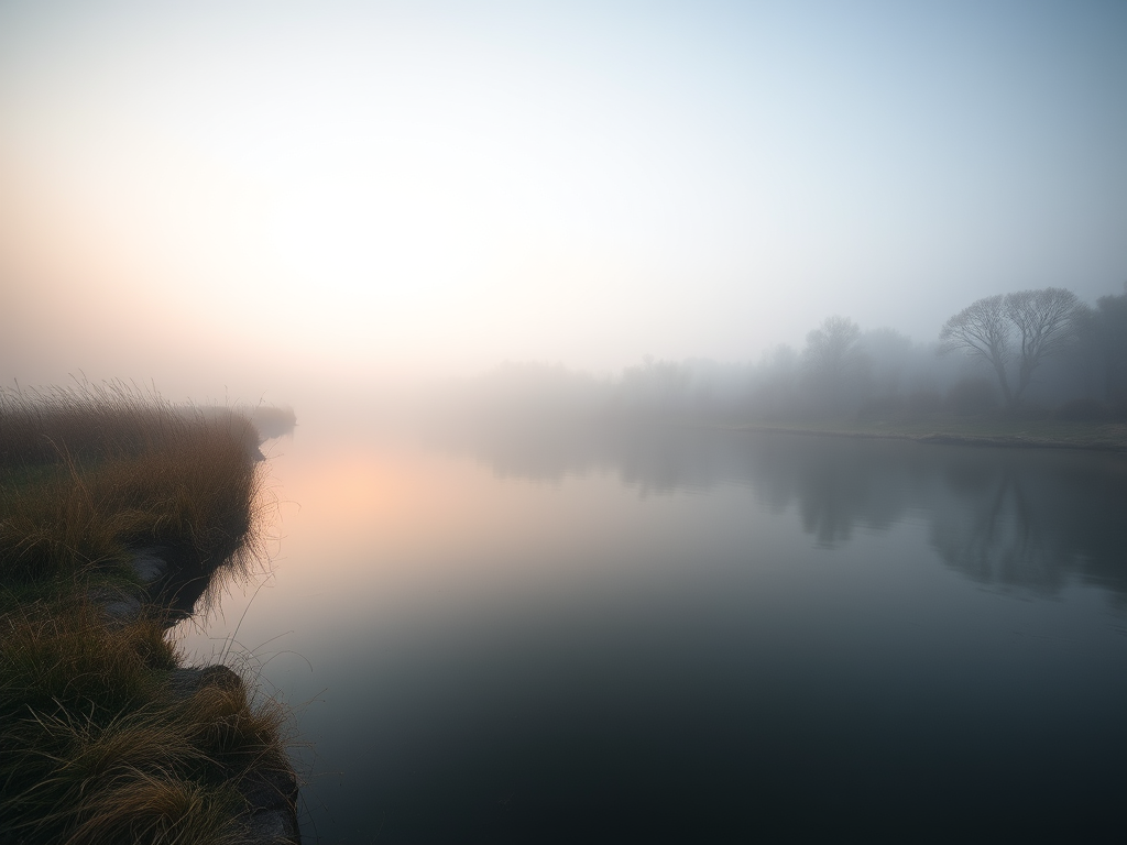 river landscape in foggy conditions with soft reflections, early morning light, focus on calm water, 50mm lens, f/4 aperture, ISO 200, shutter speed 1/125 sec, DSLR camera, wide view, shallow depth of field