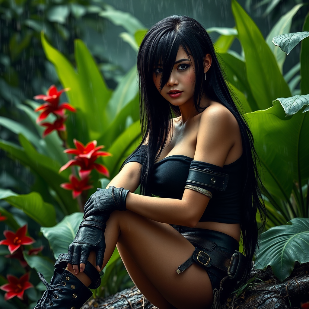 A highly detailed photograph of a woman with long black hair, sitting in the rain beneath lush green foliage. She wears a black off-the-shoulder top, fingerless gloves, and combat boots, giving her a rugged, militaristic look. Her left arm is bandaged, hinting at a recent struggle. The jungle background is vibrant, with large green leaves and red flowers contrasting against the rainy, dark sky. Fine rain droplets add realism and atmosphere to the scene.