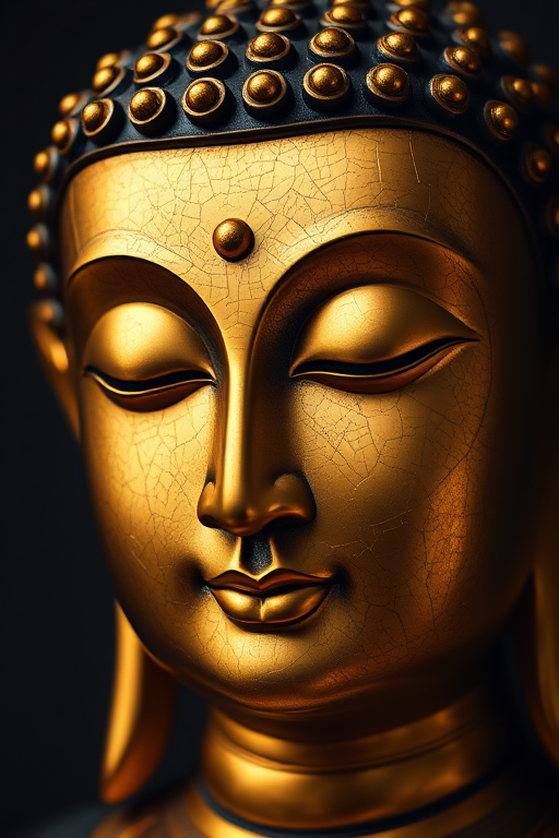 Generate a highly detailed vector image of a Buddha head in a gold and black color scheme, focus on intricate facial features and texture, shot with a Canon EOS 5D Mark IV, 50mm lens, f/1.8 aperture, high dynamic range, soft lighting.