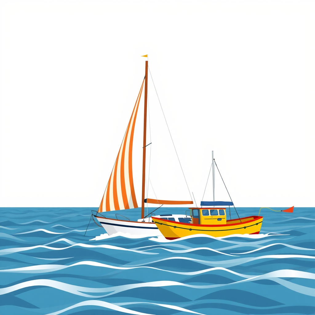 Create an illustration of a sailboat with a striped sail next to a yellow fishing boat on wavy water, using a DSLR camera at f/8 aperture, ISO 100, 24mm focal length, with a landscape view and vibrant color palette for enhanced quality.