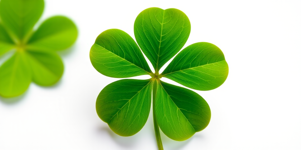 create a high-resolution image of a four-leaf clover on a solid white background, camera settings: f/2.8 aperture, ISO 100, 1/200 sec shutter speed, camera view: close-up, camera style: macro photography, camera type: DSLR