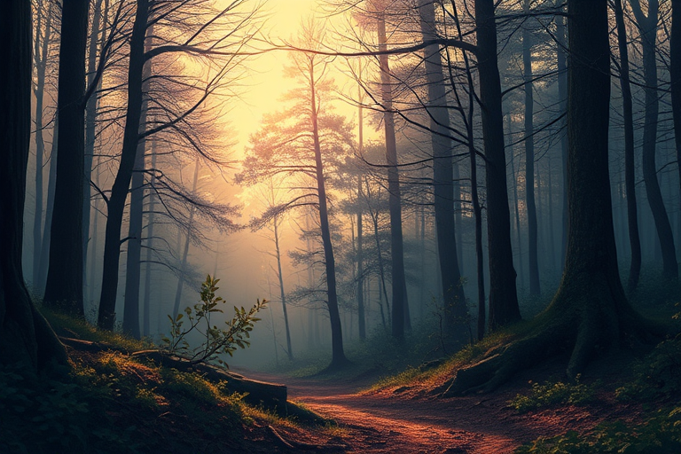 Capture a detailed illustration of a mystical forest scene at dawn, with soft light filtering through the trees, using a DSLR camera with a 50mm lens, aperture set to f/1.8, ISO 200, and a shallow depth of field to enhance image quality.