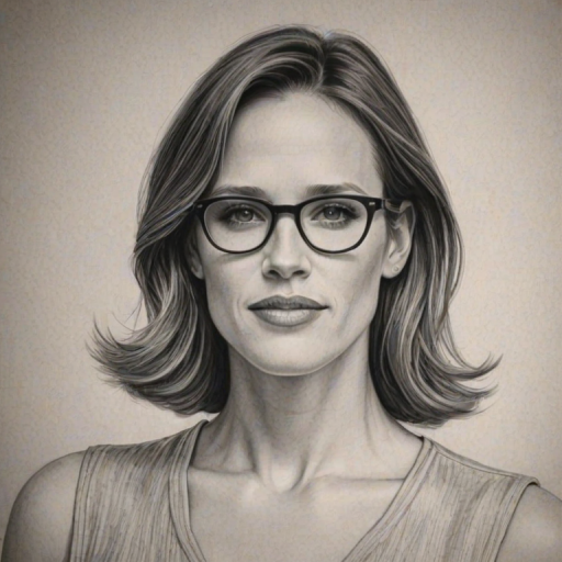 Superb Jennifer Garner, pencil sketch, portrait of Sublime woman 1932s in glasses, hair style beatnik, outline, clear lines, fine lines, 8k