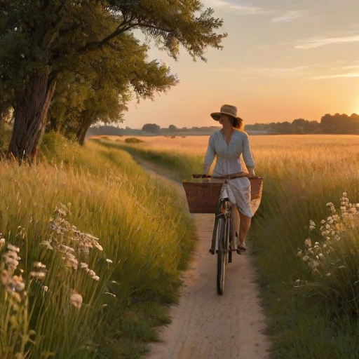 Quiet countryside road at sunset, with tall grass swaying gently in the breeze, a woman rides an old bicycle, her basket filled with wildflowers as the golden light bathes the landscape.