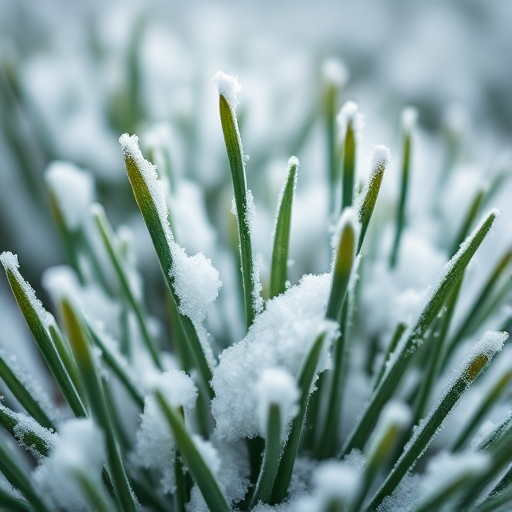 close-up of green plants covered in snow during winter, shallow depth of field, 50mm lens, f/2.8 aperture, ISO 100, natural light settings, DSLR camera, soft focus background