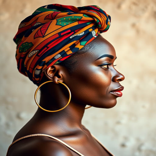 Portrait of a woman in profile wearing a colorful headwrap and large hoop earrings with a soft, textured background, taken with a Canon EOS R5, 85mm lens, aperture f/1.8, shutter speed 1/125s, ISO 100, natural light, artistic style.