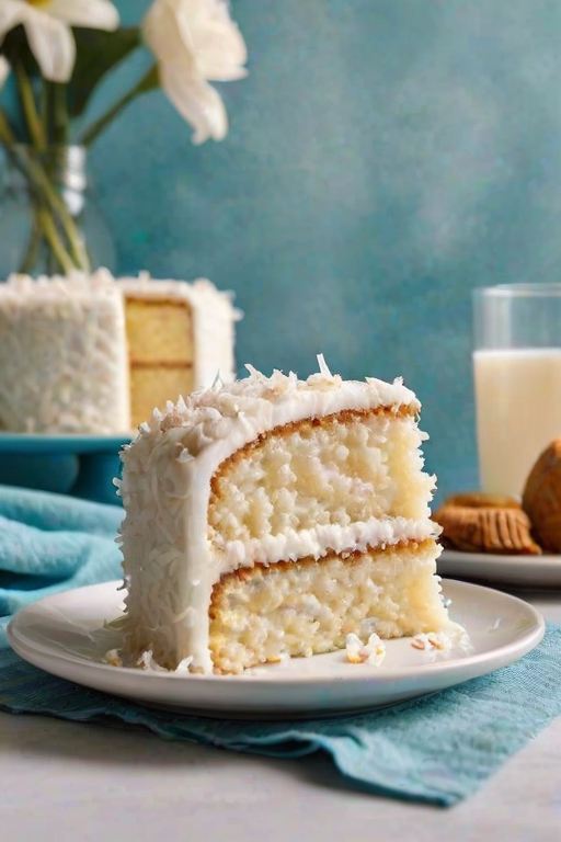 Generate an image of a slice of white coconut cake on a speckled plate. The cake has layers filled with cream and is topped with a generous amount of shredded coconut. In the background, there is a whole coconut cake displayed on a pedestal stand, with a soft blue cloth underneath. The lighting is bright and inviting, emphasizing the cake's texture and freshness.