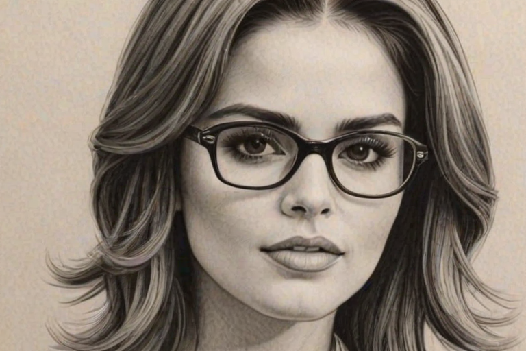 Comely Cheryl Cole, pencil sketch, portrait of Resplendent woman 1925s in glasses, hair style beatnik, outline, clear lines, fine lines, 8k