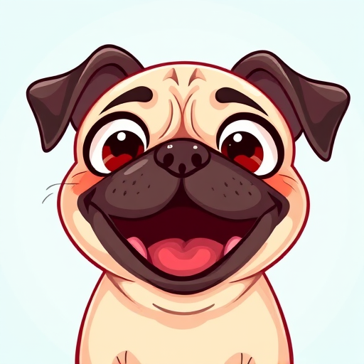 Create a vibrant illustration of a cartoon pug with exaggerated features like large eyes and a playful expression, capturing its joyful nature, using a wide-angle lens at f/8, 1/250s shutter speed, with natural lighting and a soft focus background to enhance the main subject.