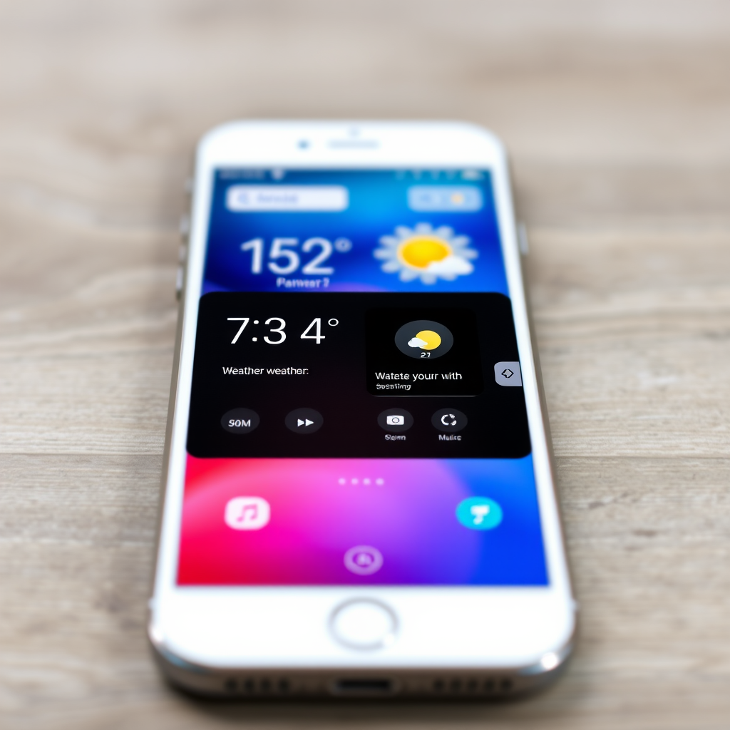 Generate a high-resolution image of a smartphone displaying a weather app with icons for calendar, camera, settings, and music, using a DSLR camera with a focal length of 50mm, aperture set to f/1.8, ISO 100, and a 45-degree angle view for enhanced clarity and detail.