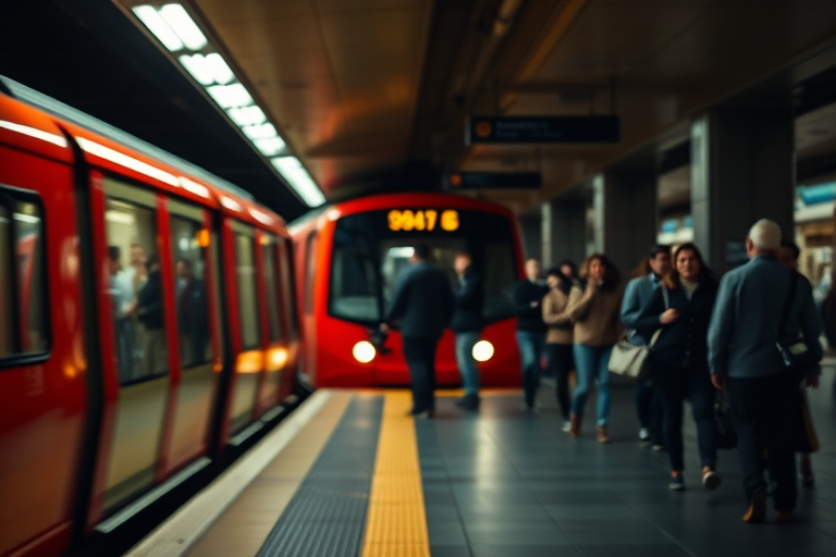 A busy subway station with a red train at the platform, passengers waiting and walking, dim artificial lighting, depth of field focus on the train, 24mm lens, aperture f/2.8, ISO 800, shutter speed 1/60s, shot from a low angle to emphasize the train and platform.