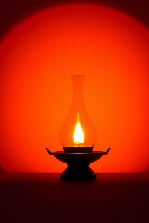 Create a high-resolution image of a decorative oil lamp centered on a vibrant orange circular background, using a DSLR camera with an aperture of f/2.8, ISO 100, and a focal length of 50mm, ensuring soft focus effects around the edges for depth.
