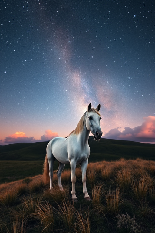 A majestic white horse standing on a grassy hill under a starry sky with the Milky Way visible, soft clouds illuminated by a pinkish hue, captured with a Canon EOS R5, 24mm f/1.4 lens, ISO 400, aperture f/2.8, shutter speed 15 seconds, in landscape mode at dawn for enhanced clarity and color vibrancy.